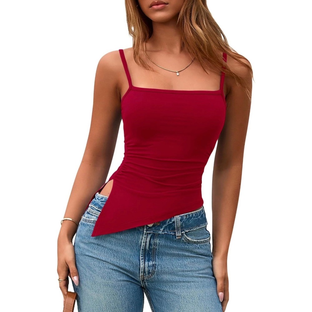 NIB PRETTYGARDEN Red Asymmetrical Spaghetti Strap Tank Side Ruched Camisole SZ S